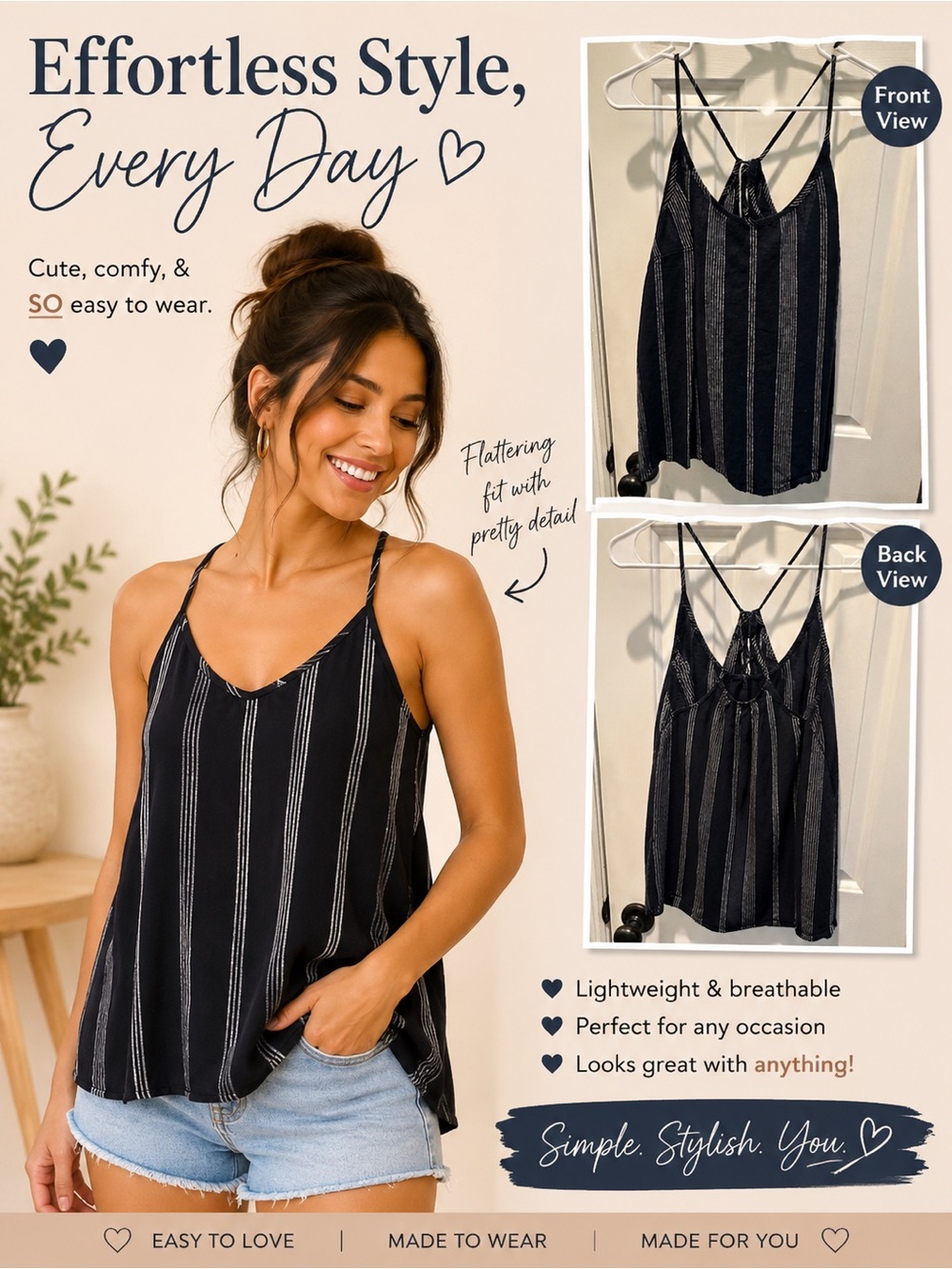 Striped Navy  Sleeveless V-Neck Cami Top